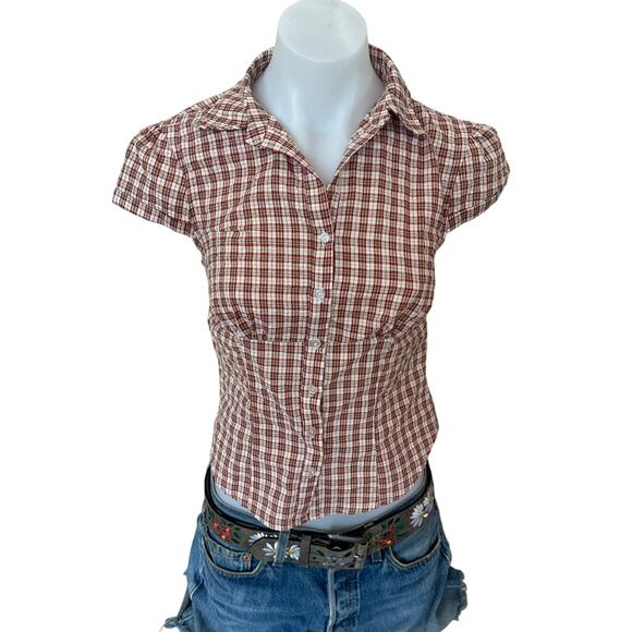 Lioness Brown Gingham Button Up Top XS Tailored Picnic Plaid Cottage Preppy $59 - Picture 8 of 13